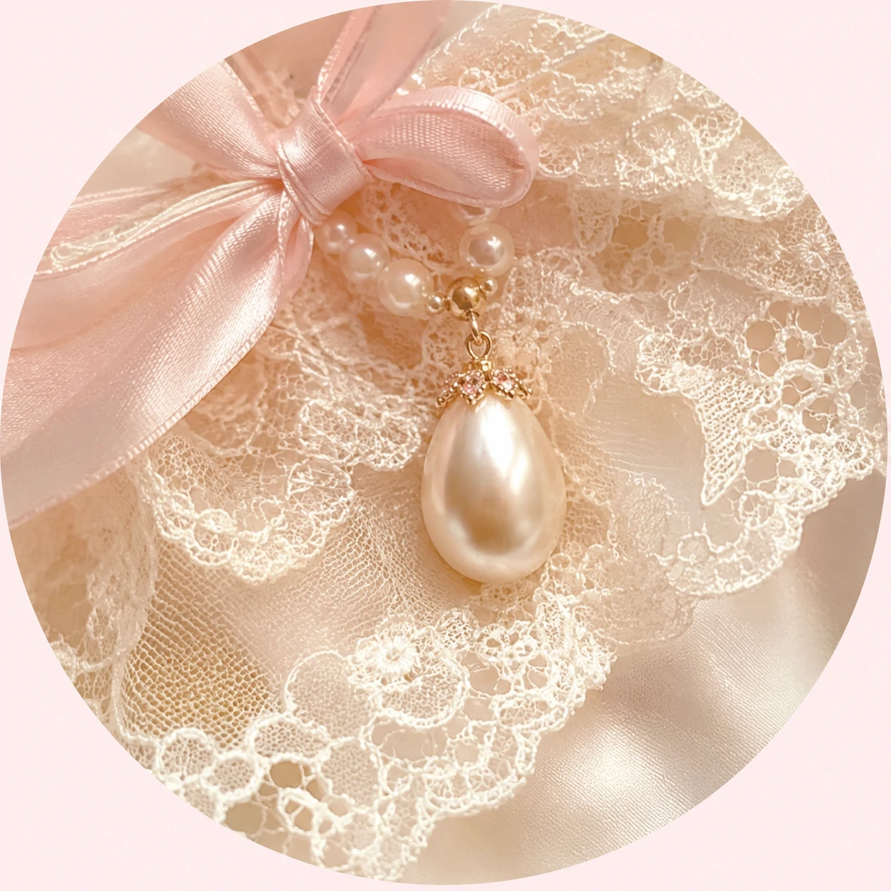 Pearl and lace coquette PFP with a close-up detail on ivory fabric.