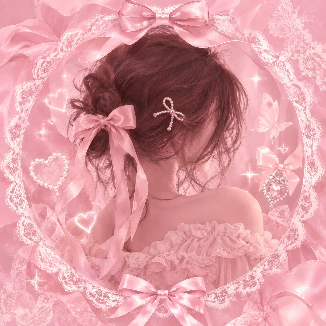 Pink aesthetic pfp with ribbon details, lace trim, and a coquette mood