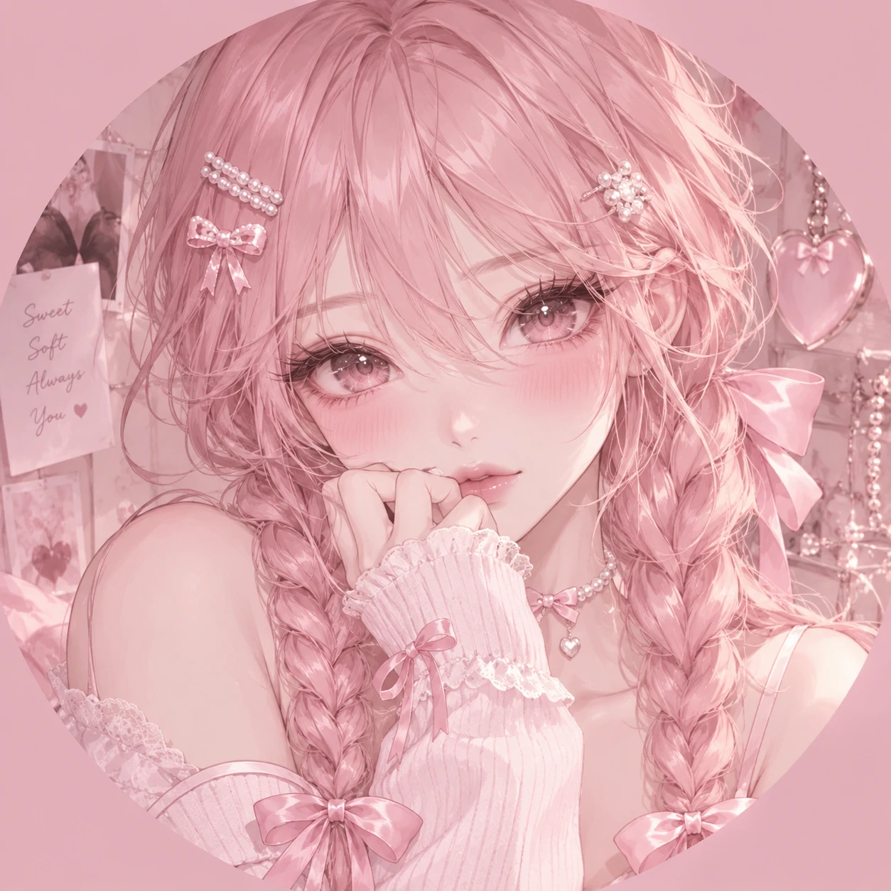 Pink anime coquette PFP with twin braids and pearl hair clips.
