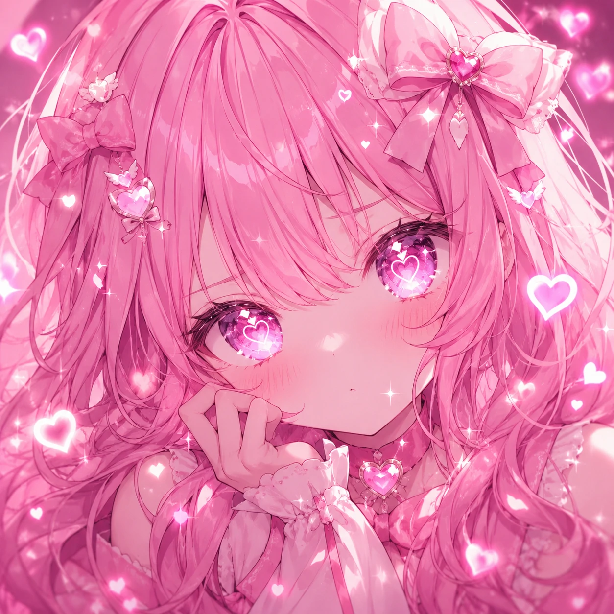 Pink anime pfp featuring magical eye highlights and floating heart sparkles
