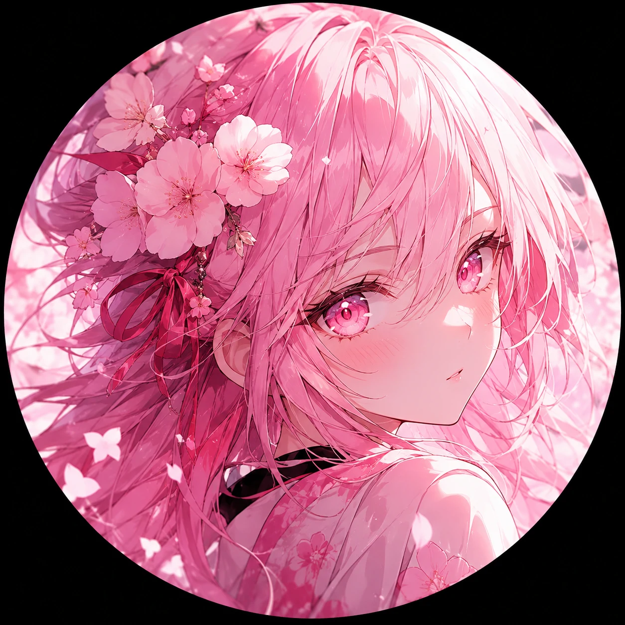 Pink anime pfp with a pink-haired girl and bright sakura-toned eyes