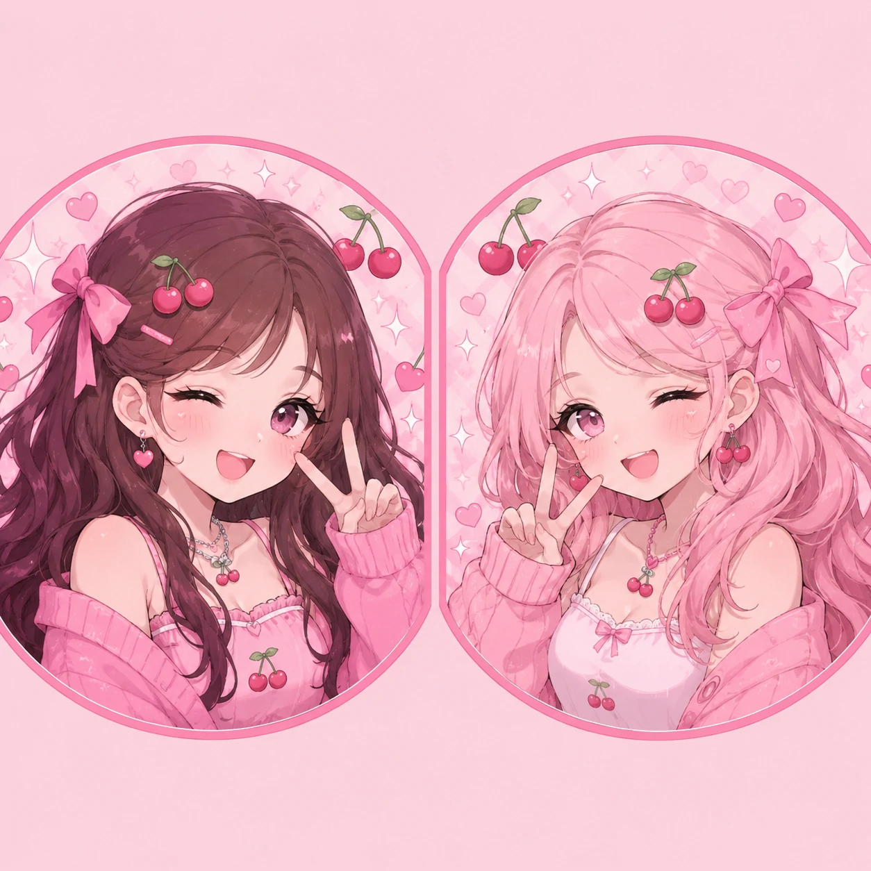 Pink bestie pfp duo with cherry details and coordinated expressions