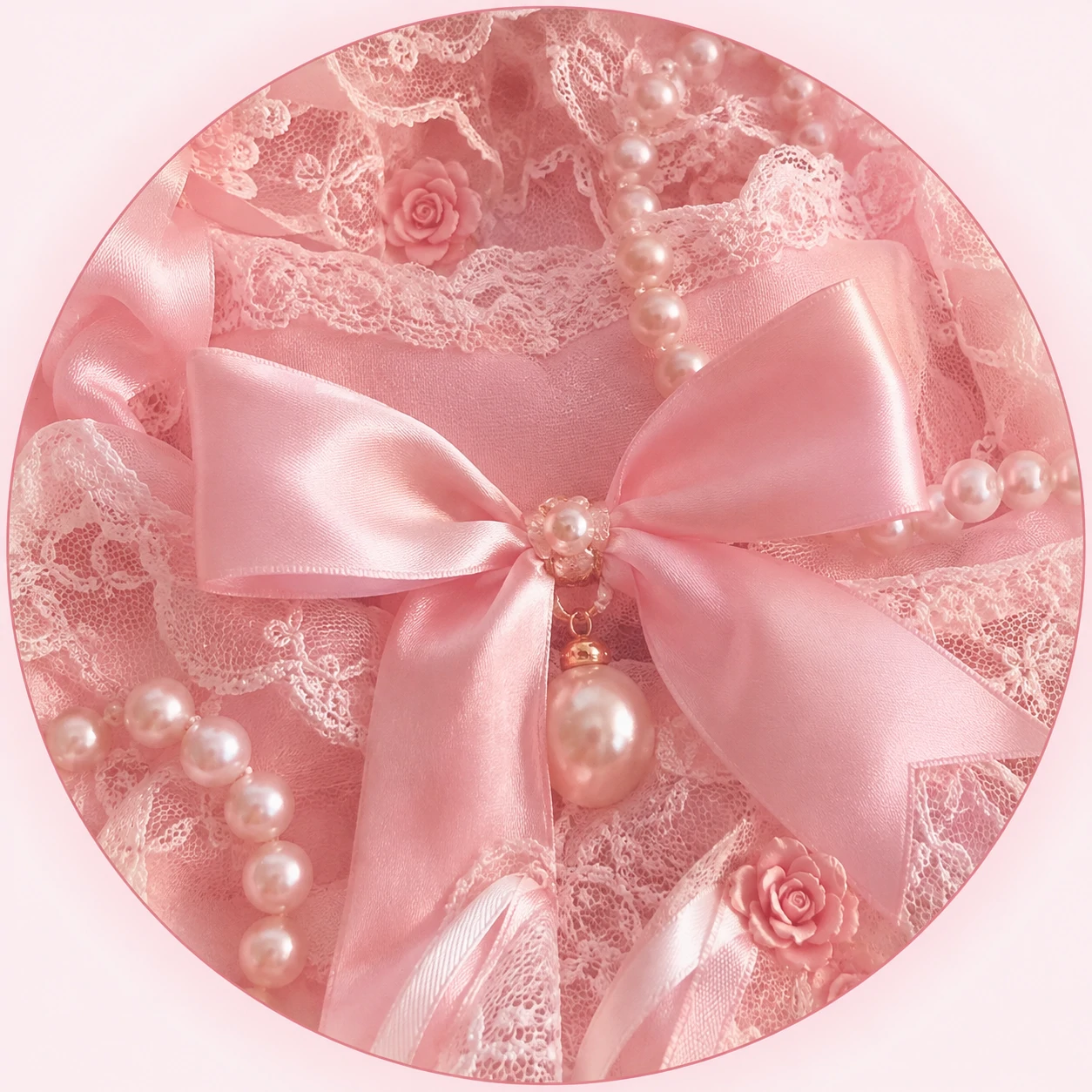 Pink coquette PFP on a lace texture with pearl and ribbon details.