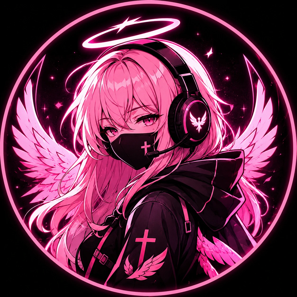 Pink gaming pfp for Discord with angel wings and sharp line art