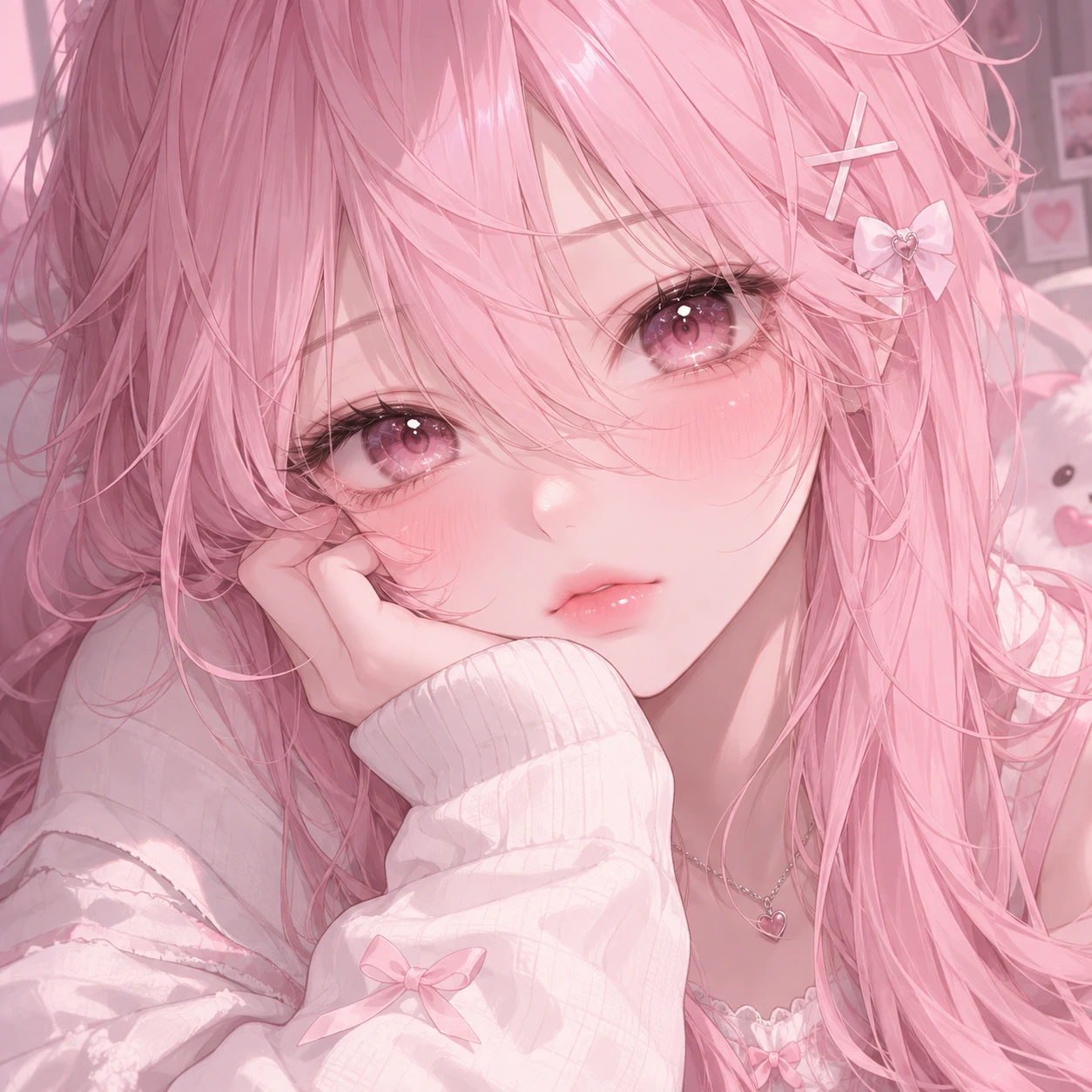Pink-haired anime pfp with soft lighting and glossy blush shading