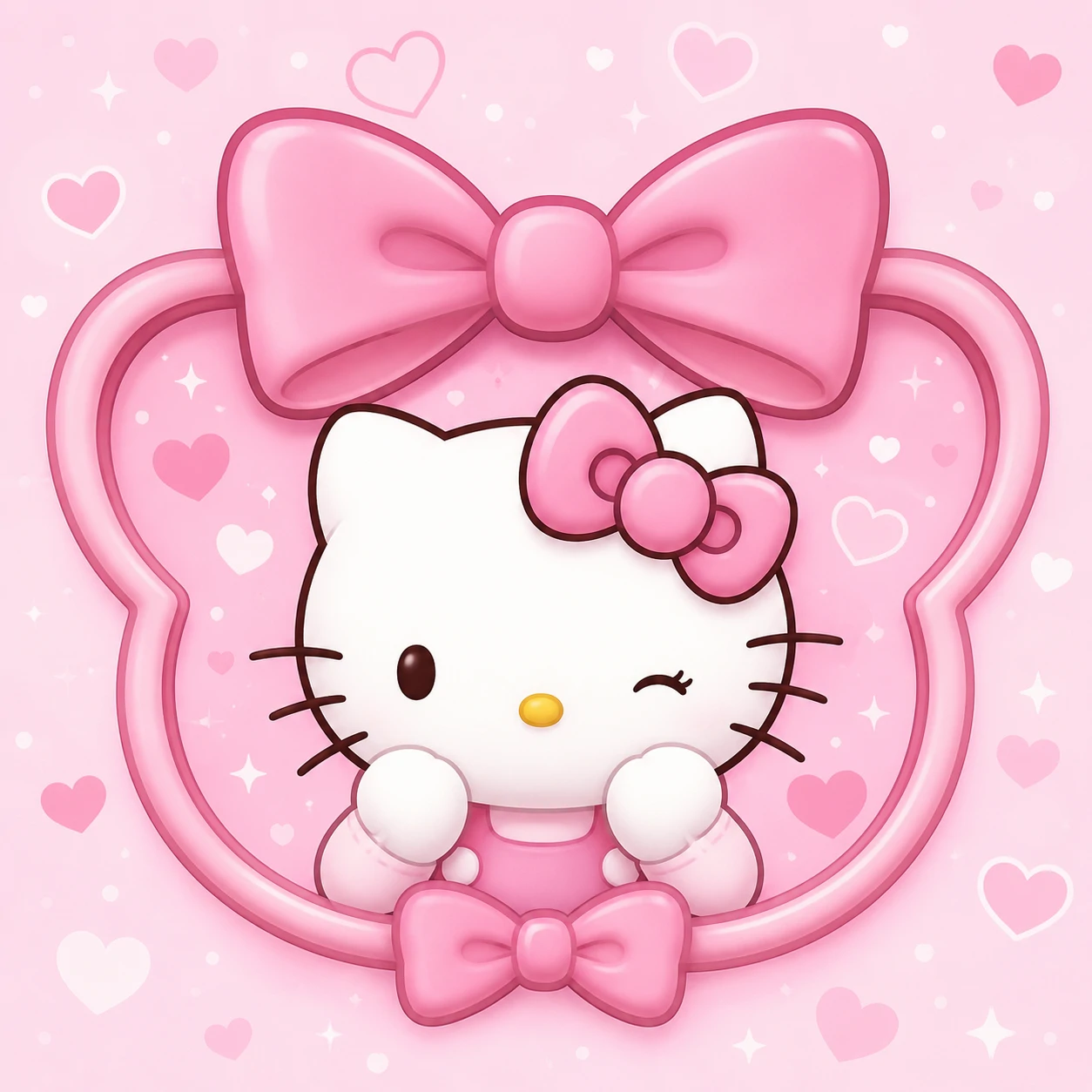 Pink Hello Kitty pfp with bow frame and pastel heart background
