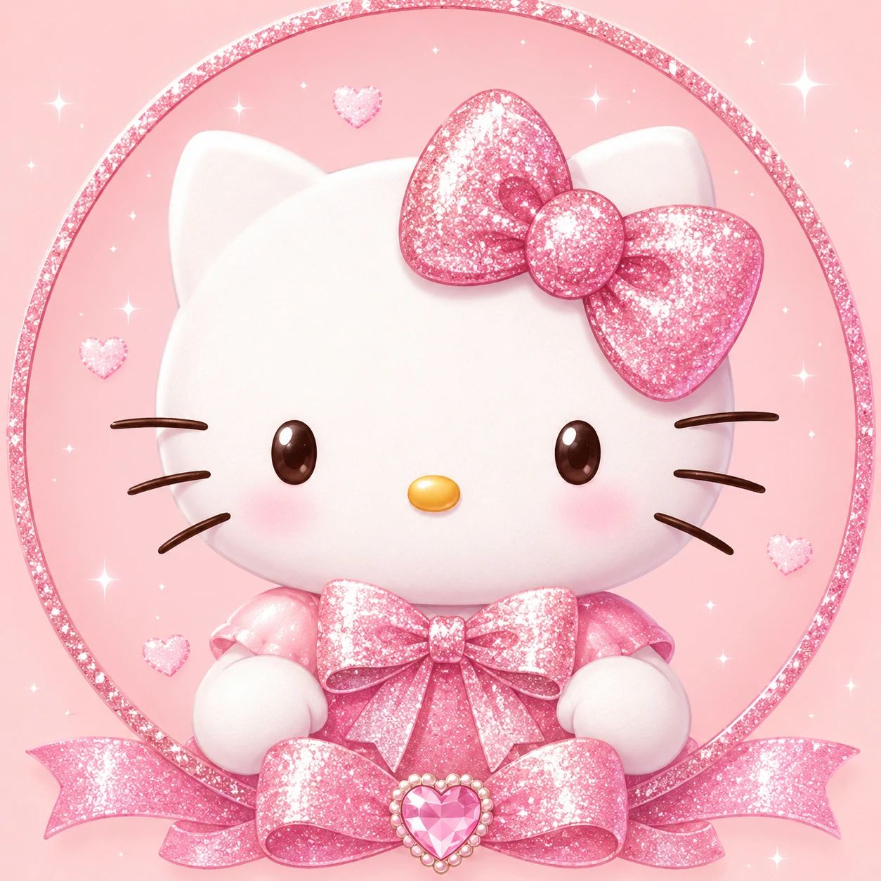 Pink kitty pfp with glitter ribbon details and a soft blush background