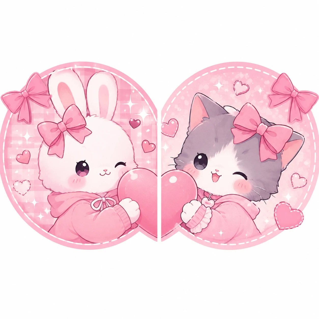 Pink matching icons featuring bows, hearts, and split complementary layouts