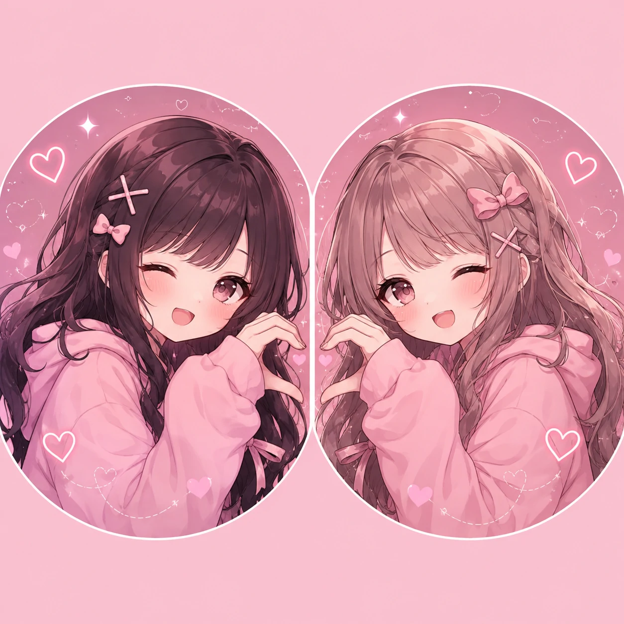 Pink matching pfp set for best friends with mirrored smiles and hearts