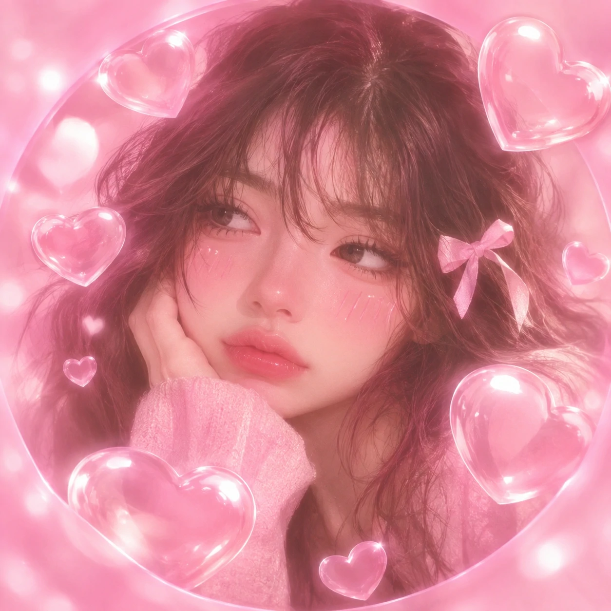 Aesthetic pink pfp with glossy heart bubbles and a soft blush portrait