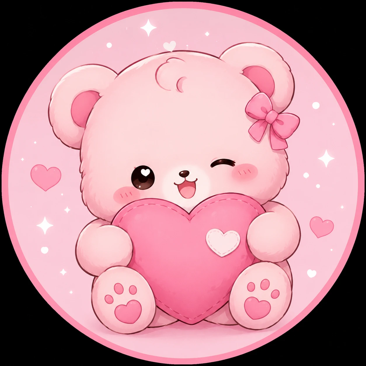 Pink pfp showing a chibi bear character hugging a heart pillow