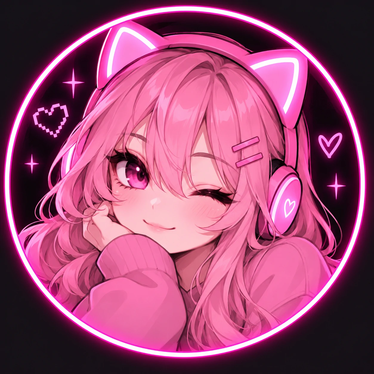 Pink pfp for Discord with neon outline and dark contrast background