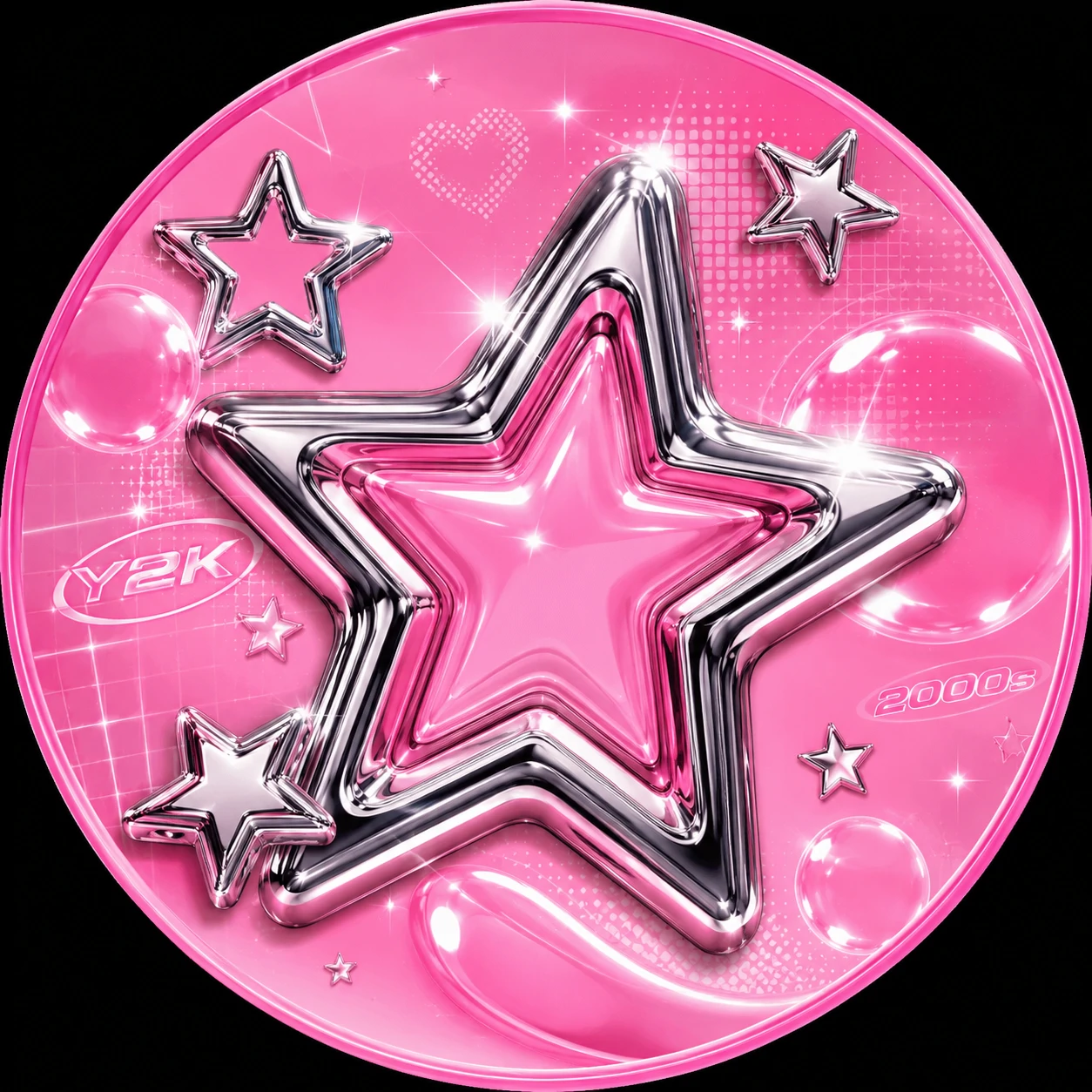 Pink pfp Y2K style with chrome stars and glossy bubblegum highlights