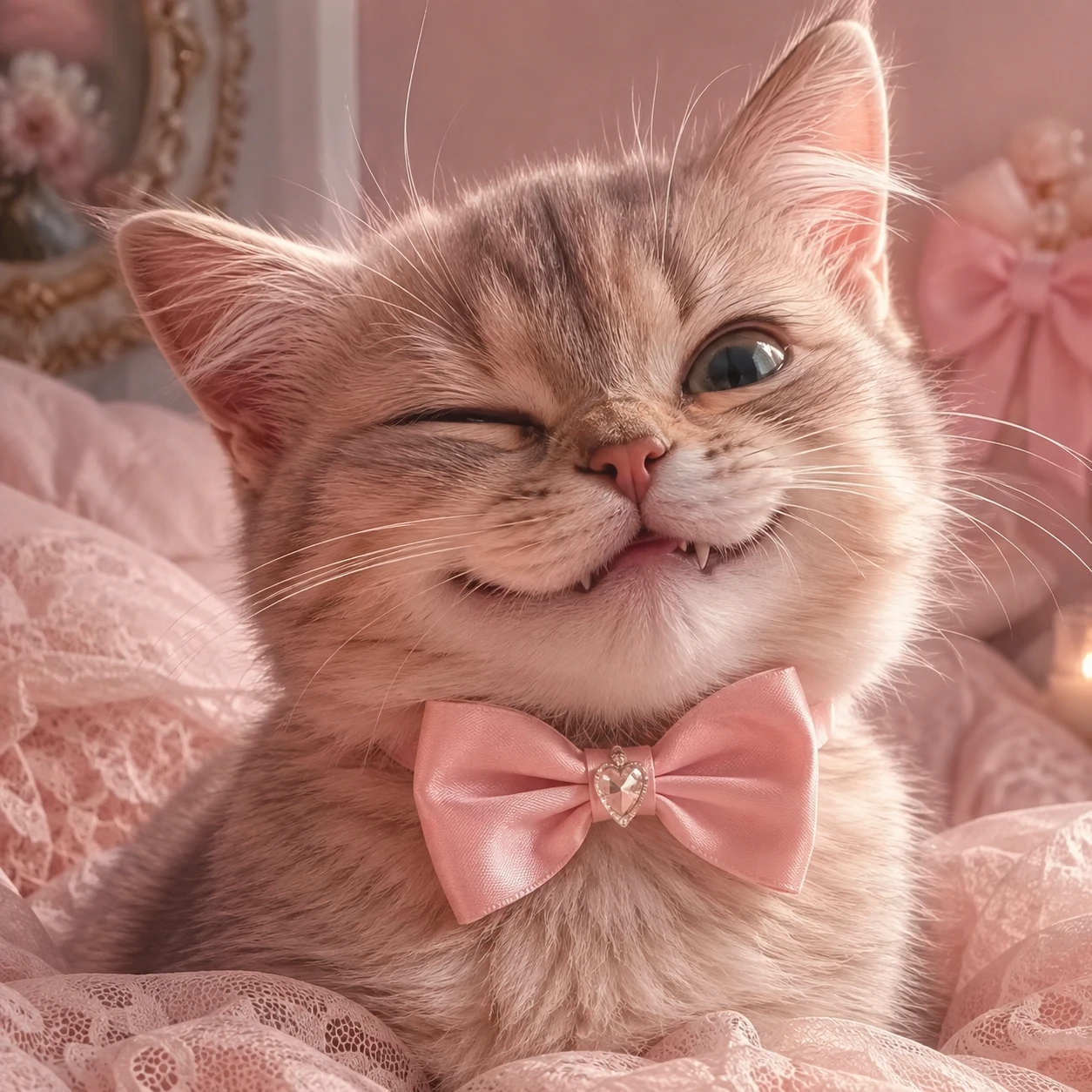 Playful cat coquette PFP wearing a bowtie with a sneaky pastel grin.