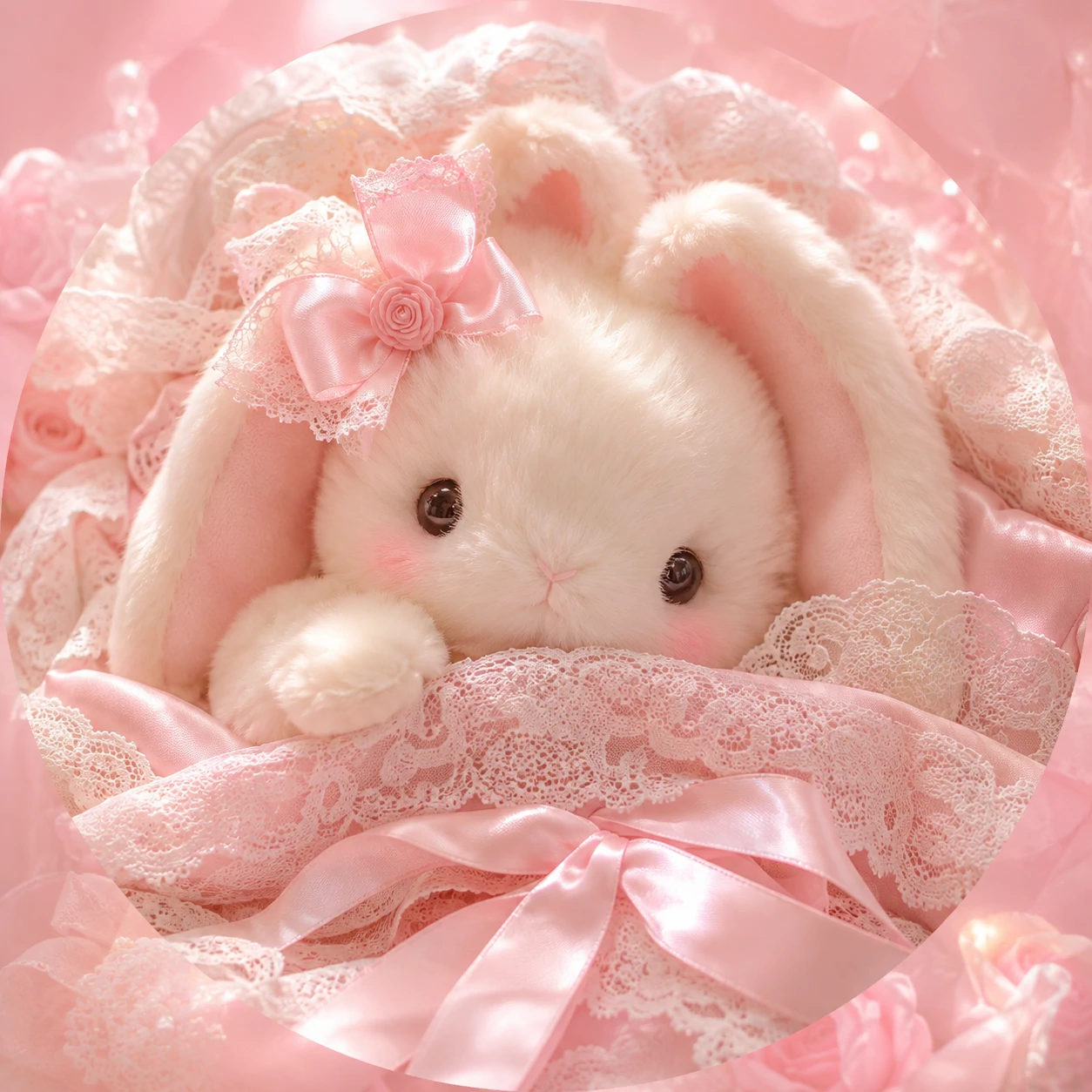 Plush bunny coquette PFP wrapped in a tiny lace blanket.