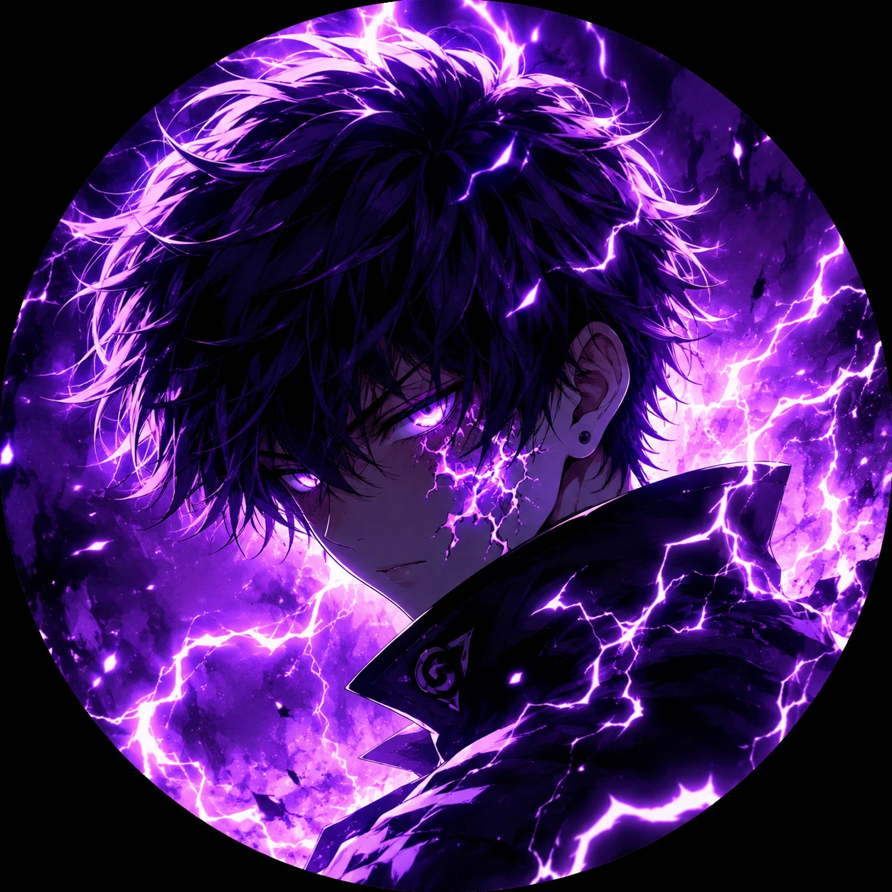 Purple anime boy PFP with lightning aura and glowing violet background