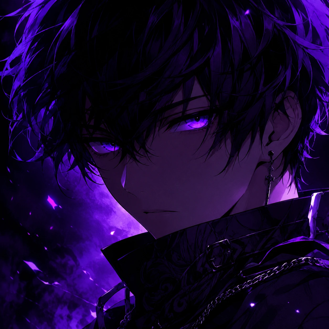 Purple anime boy PFP with midnight eyes and deep violet contrast
