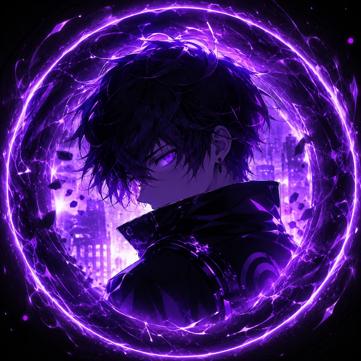 Purple anime boy profile picture with portal effect and glowing edges