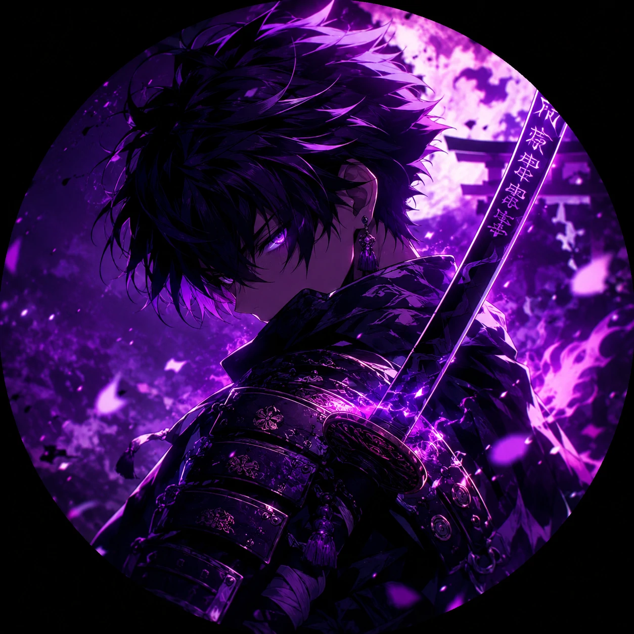Purple anime boy PFP with samurai armor and violet glow effects