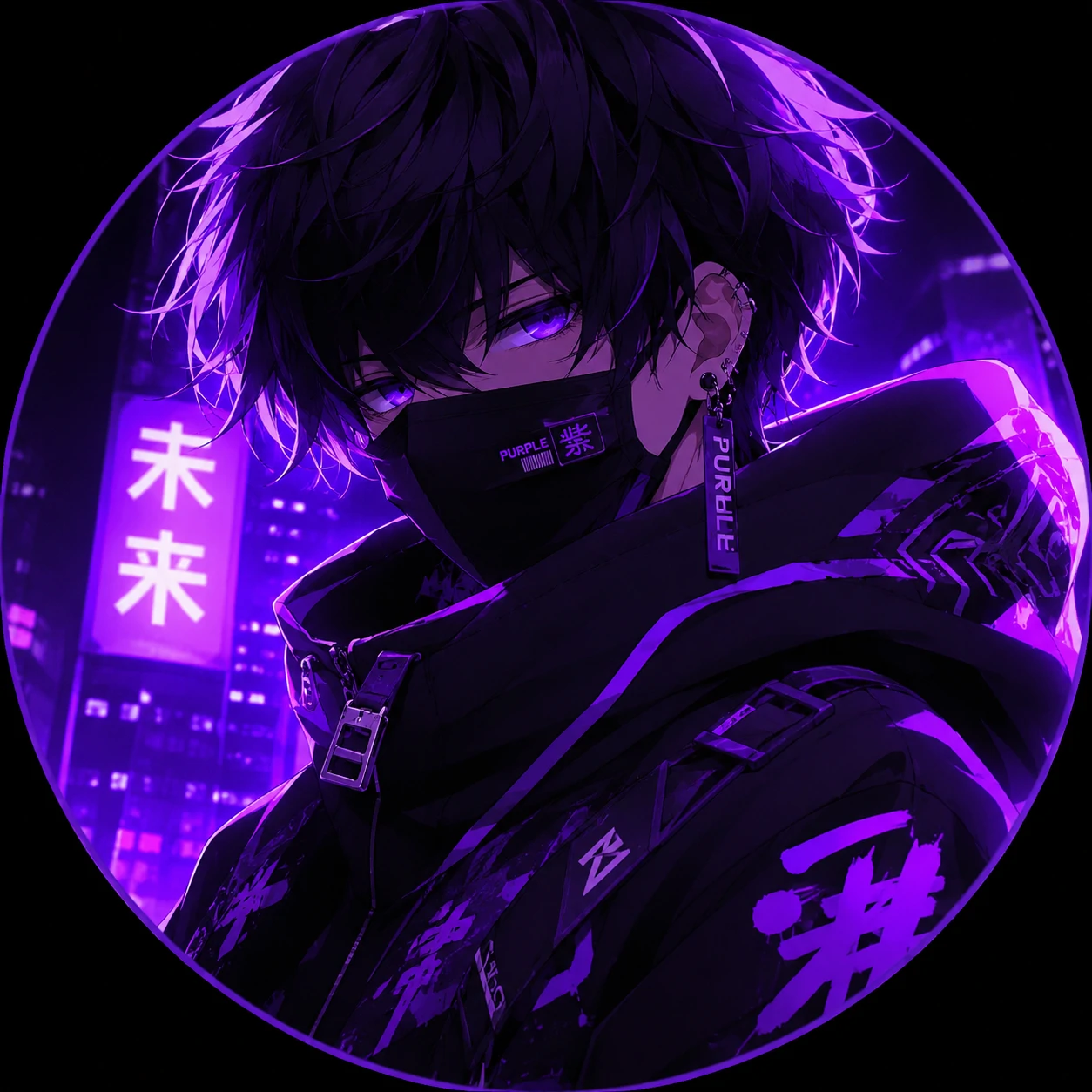 Purple anime boy profile picture with streetwear hoodie and neon highlights