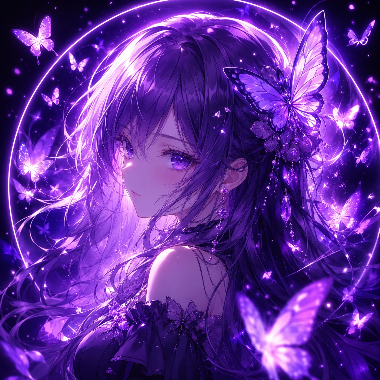 Anime girl Purple PFP with butterfly aura and glowing purple background