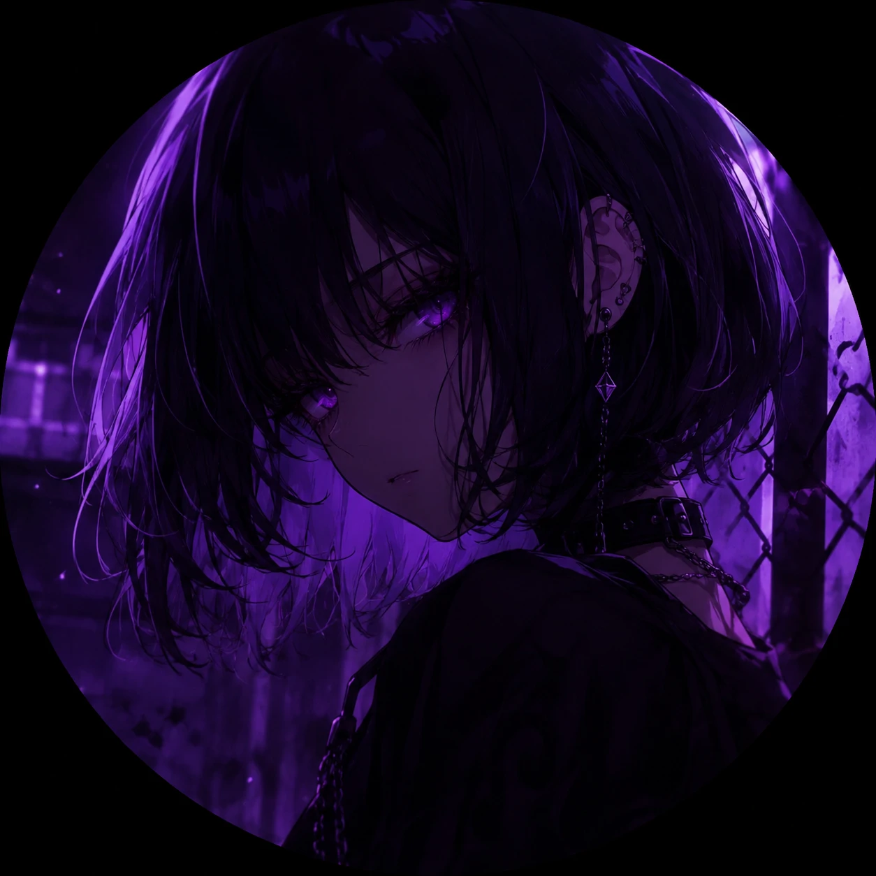 Dark purple anime girl PFP with bob haircut and moody lighting