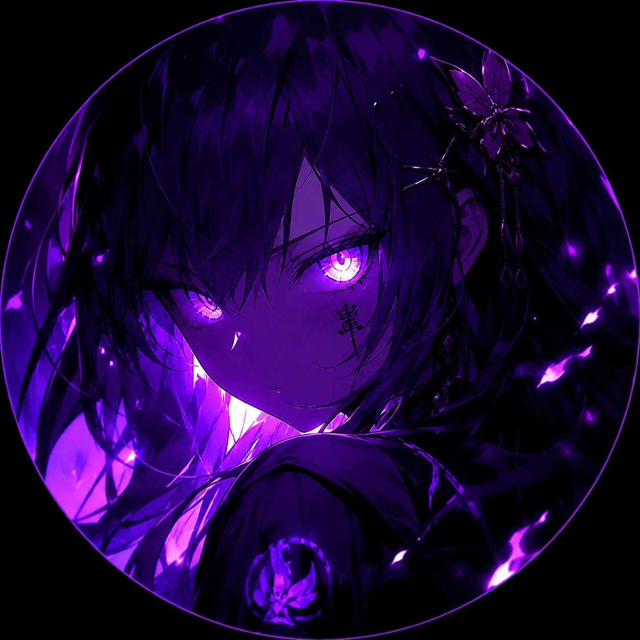 Purple anime girl PFP with glowing eyes and dark violet shading
