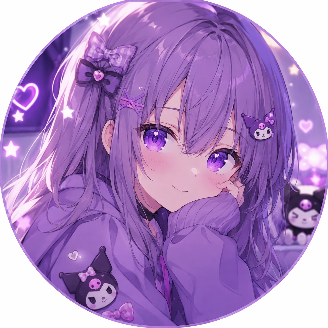 Cute purple anime girl profile picture with soft smile and lavender hair