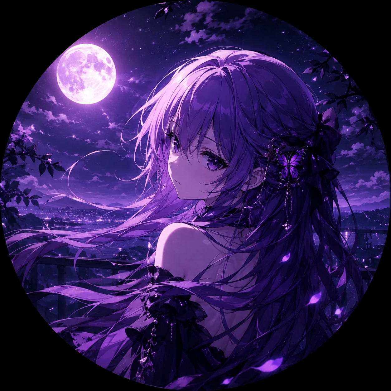Purple anime girl profile picture in neon rain with violet highlights