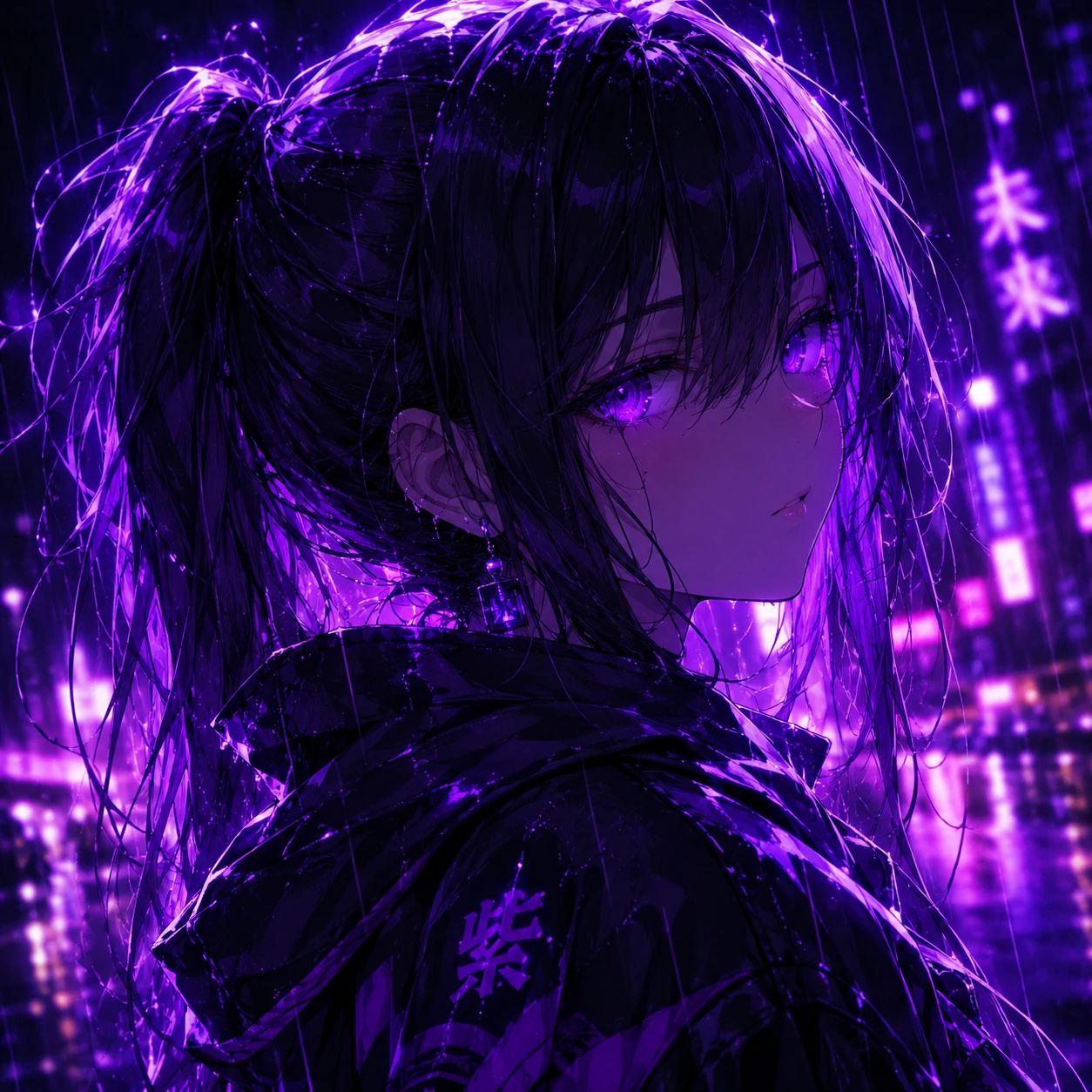 Purple anime girl PFP under moonlight with flowing violet hair
