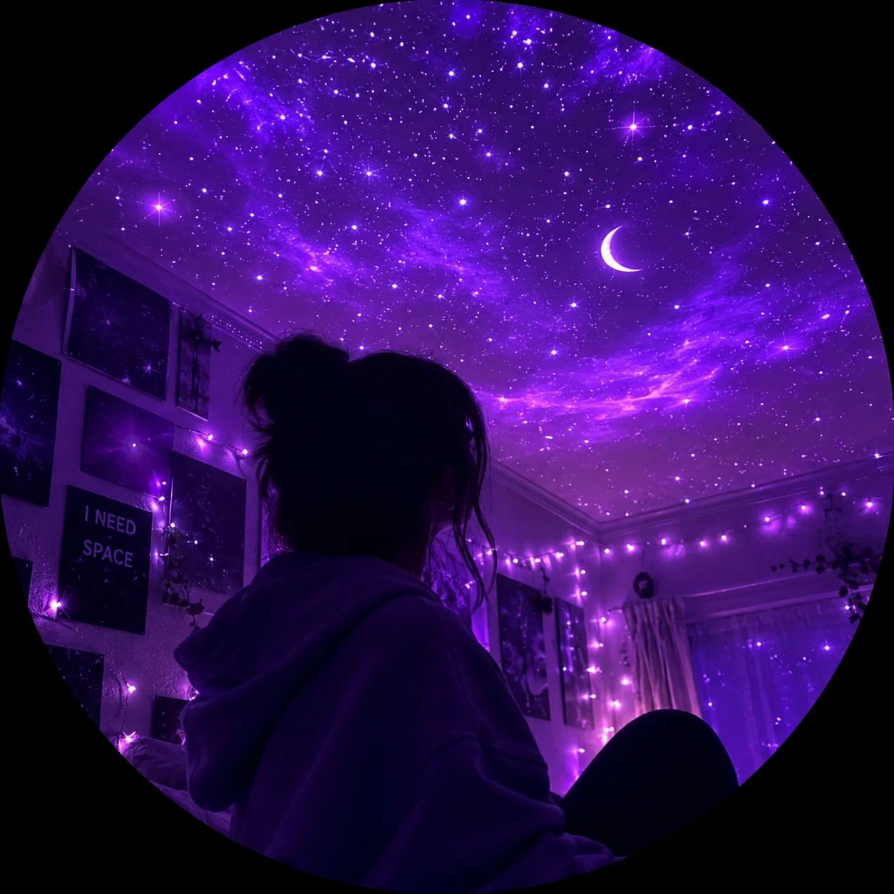 Purple aesthetic PFP featuring galaxy room lights and dreamy violet tones