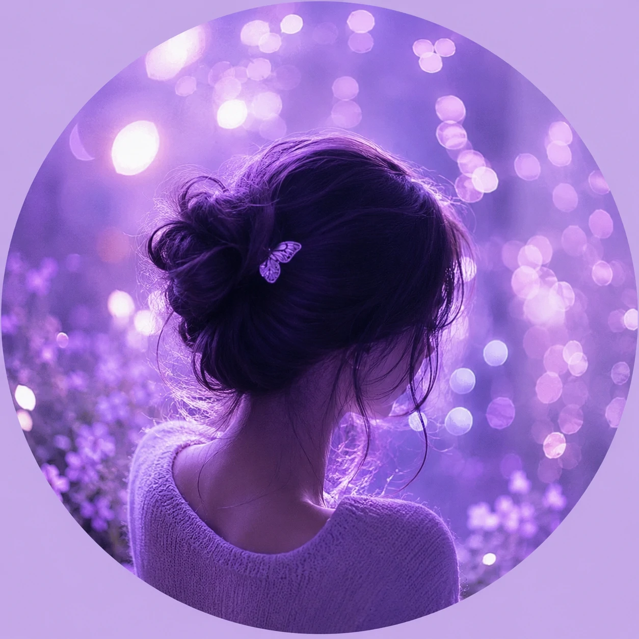 Lavender purple PFP with glowing bokeh lights and dreamy soft focus