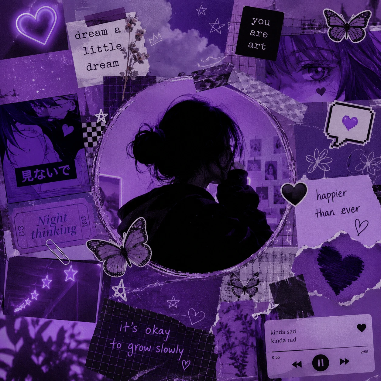 Violet collage style Purple PFP with layered stickers and soft grain