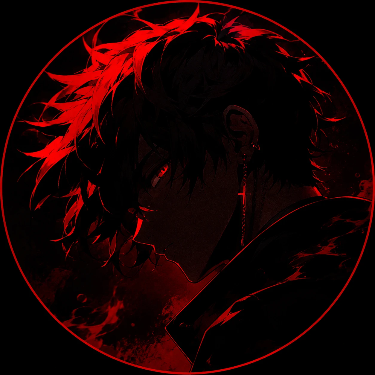 Red and black anime PFP with shadowed portrait and crimson highlight on hair