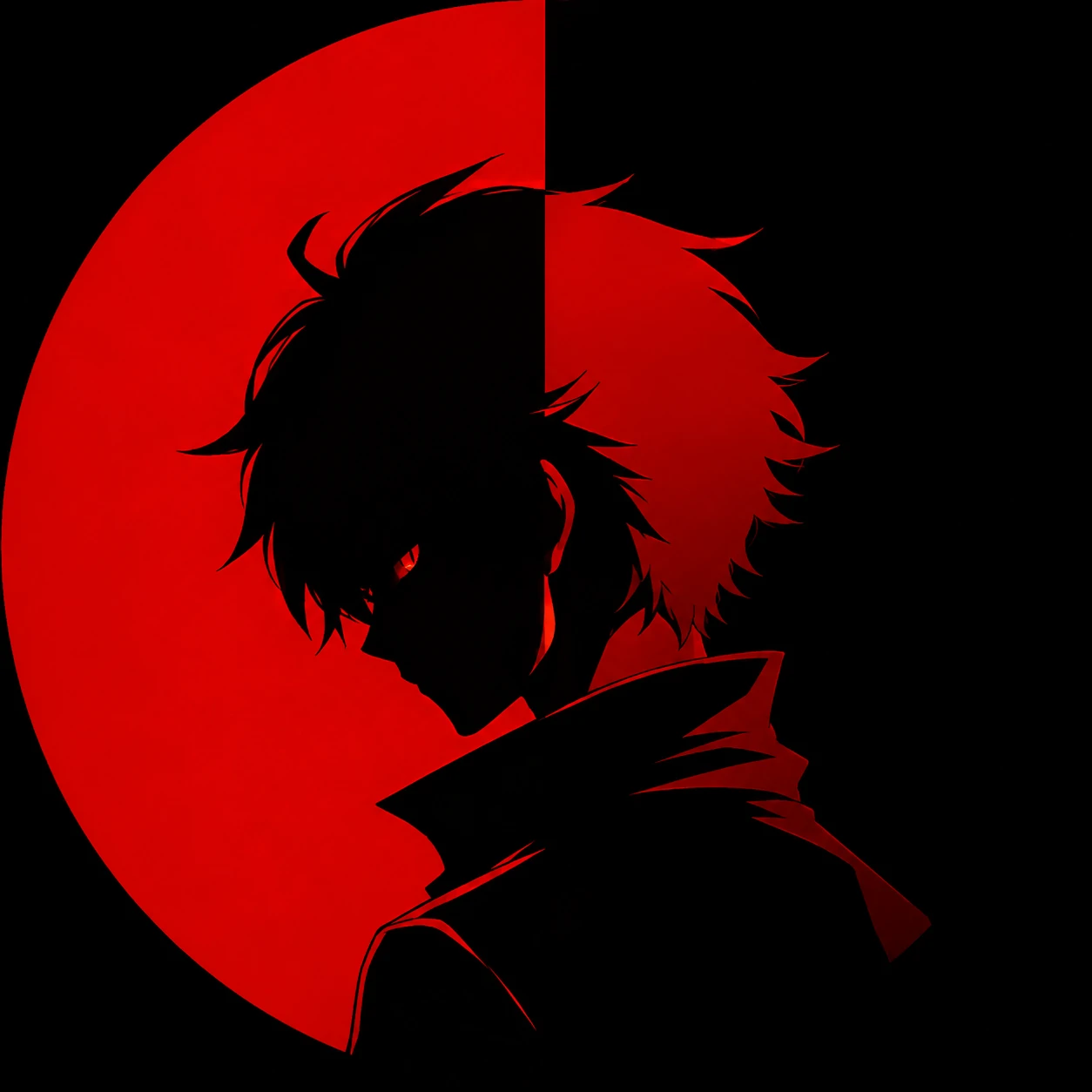 Red and black PFP with split-tone silhouette and hard crimson-to-black gradient