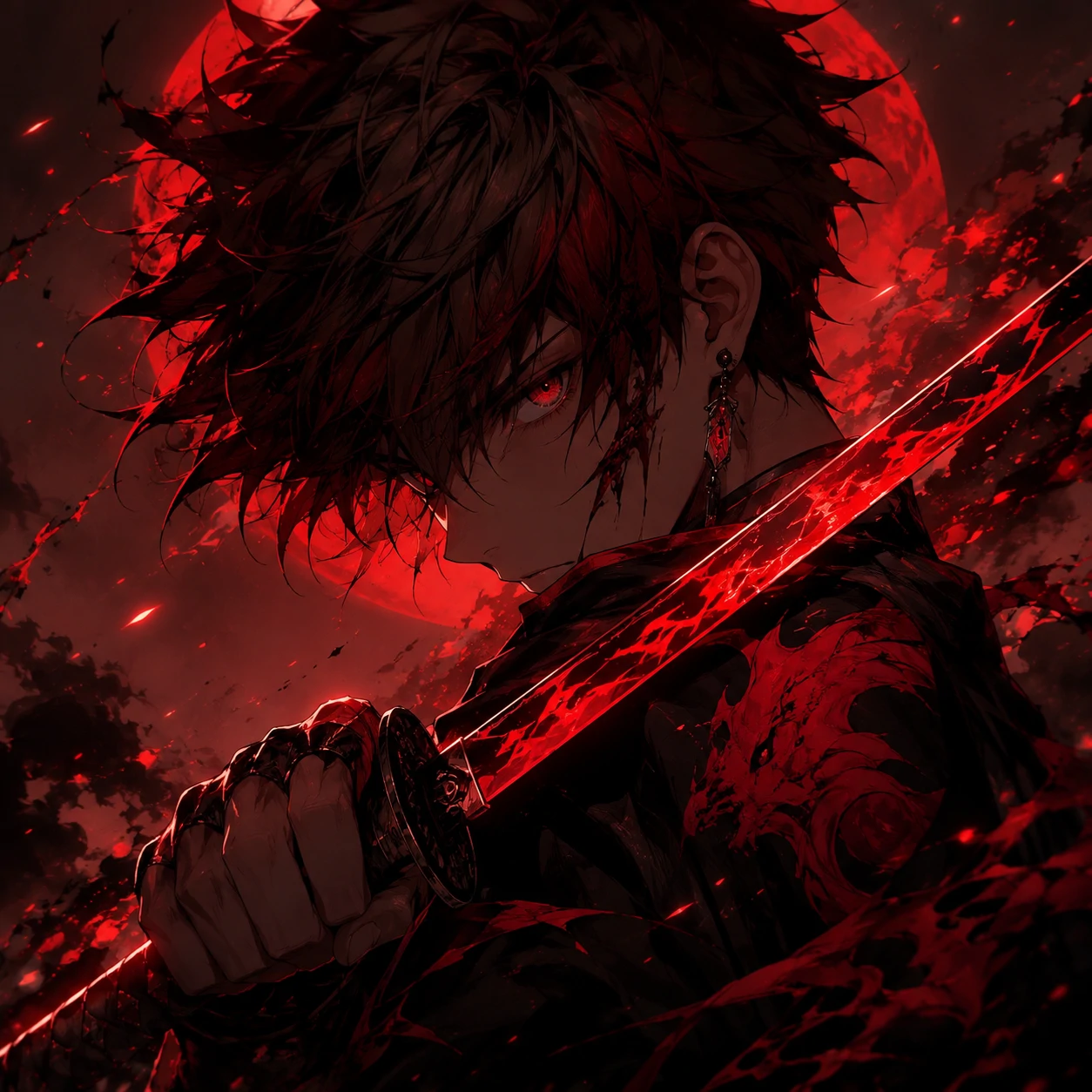 Red anime boy PFP of a crimson swordsman with sharp jawline and moody backlighting