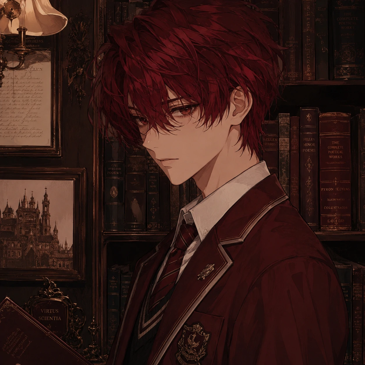 Dark academia red anime boy PFP with maroon uniform and vintage library backdrop