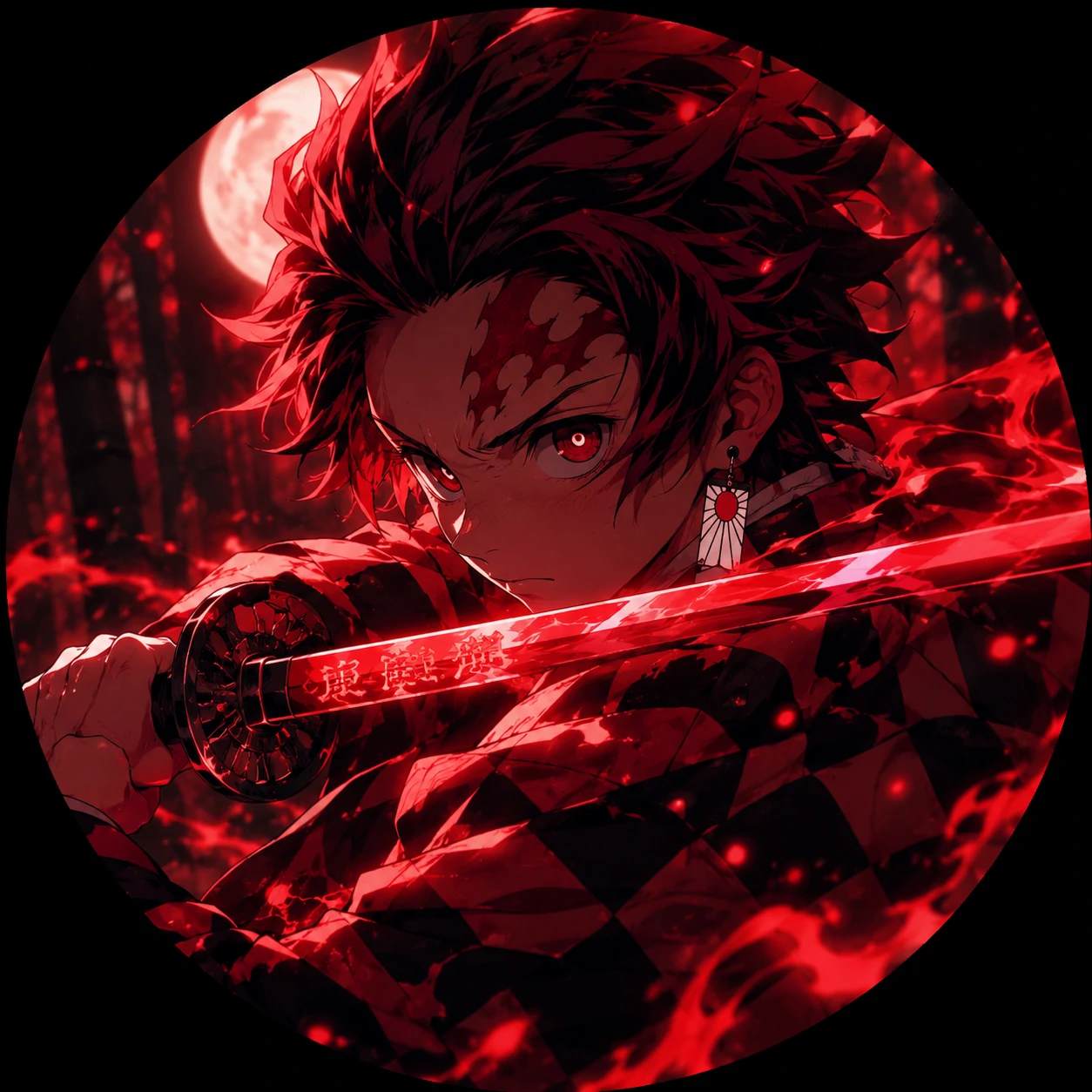 Demon slayer inspired red anime boy PFP with crimson blade and haori pattern