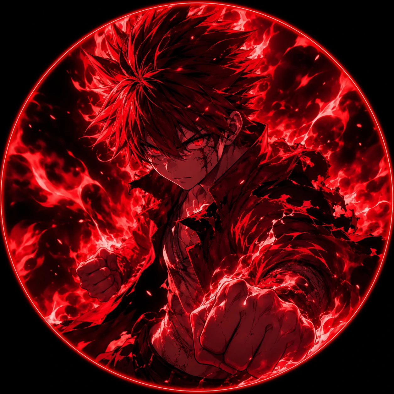 Red anime boy PFP with crimson flame aura, torn jacket, and dynamic fighter pose