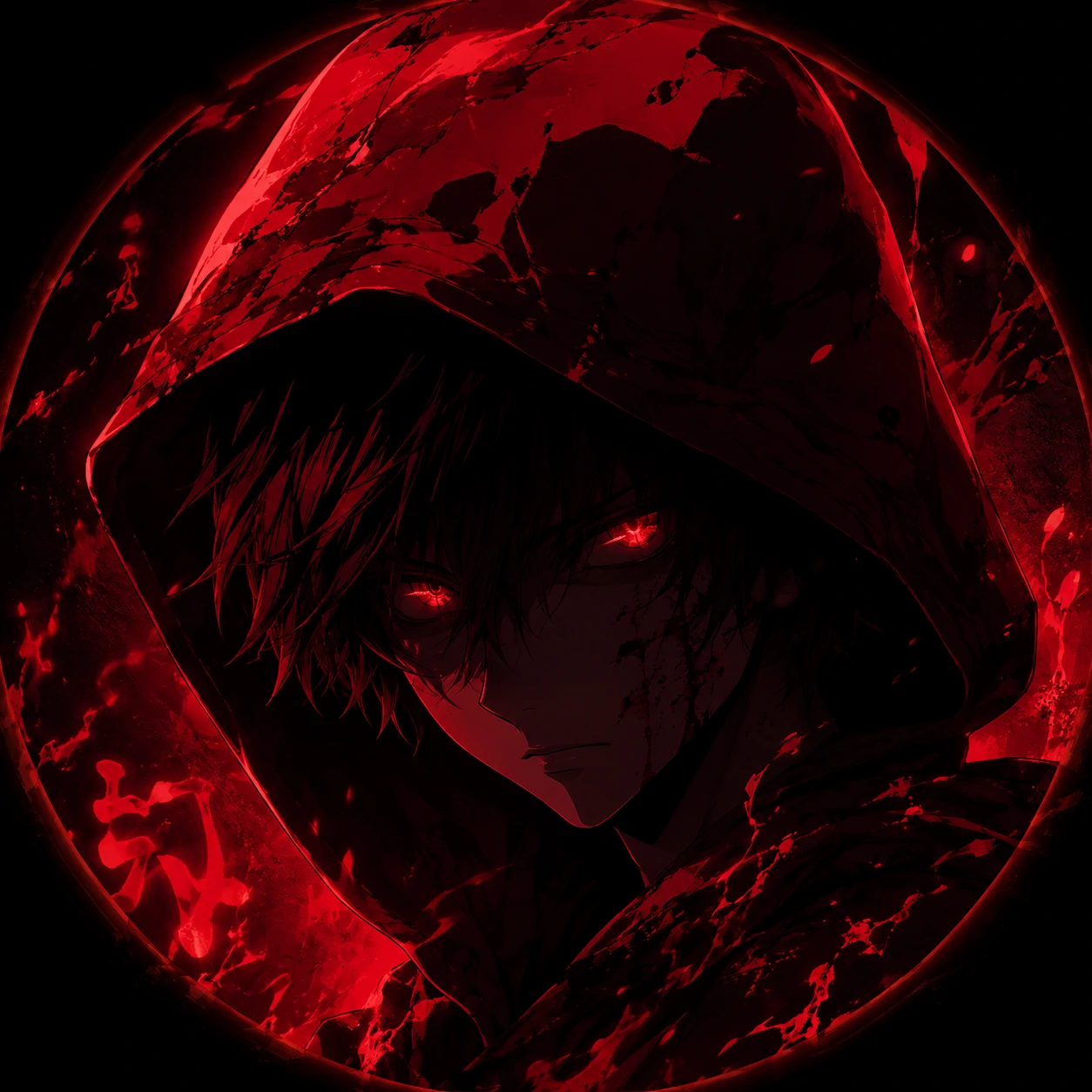 Red anime boy PFP with hooded figure, glowing red eyes, and dark crimson shadows