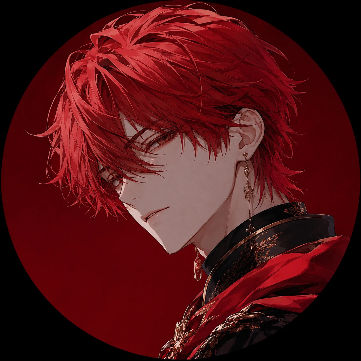 Scarlet-haired anime boy PFP with side-swept fringe and clean crimson portrait crop