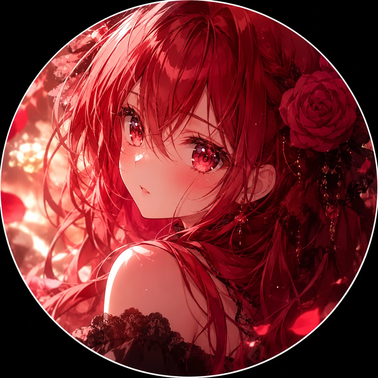Red anime girl PFP with crimson hair, soft shoujo lighting, and glossy portrait finish