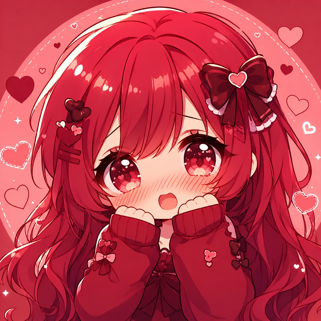 Cute chibi red anime girl PFP with blush cheeks and heart accents on rose background
