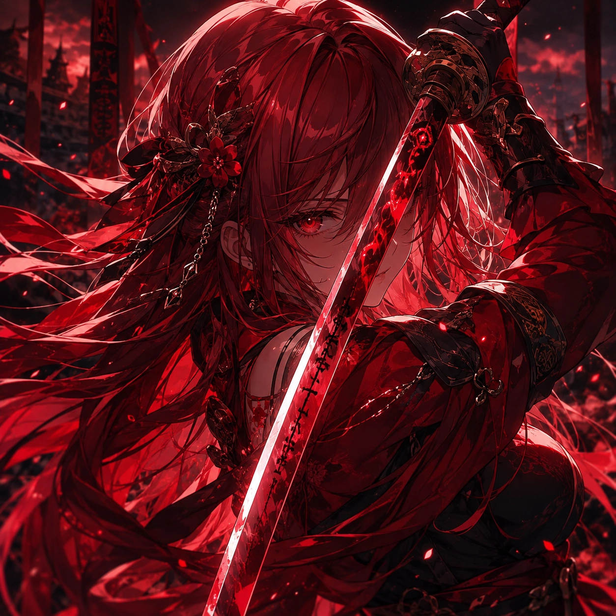 HD red anime girl PFP of scarlet-clad warrior with cinematic lighting and sword