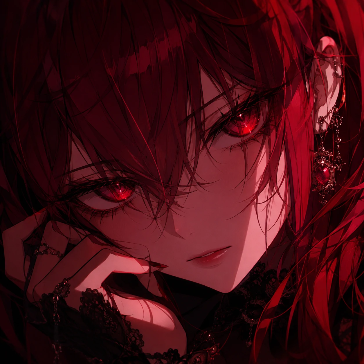 Red anime girl PFP featuring ruby eyes and close crop portrait with crimson overlay