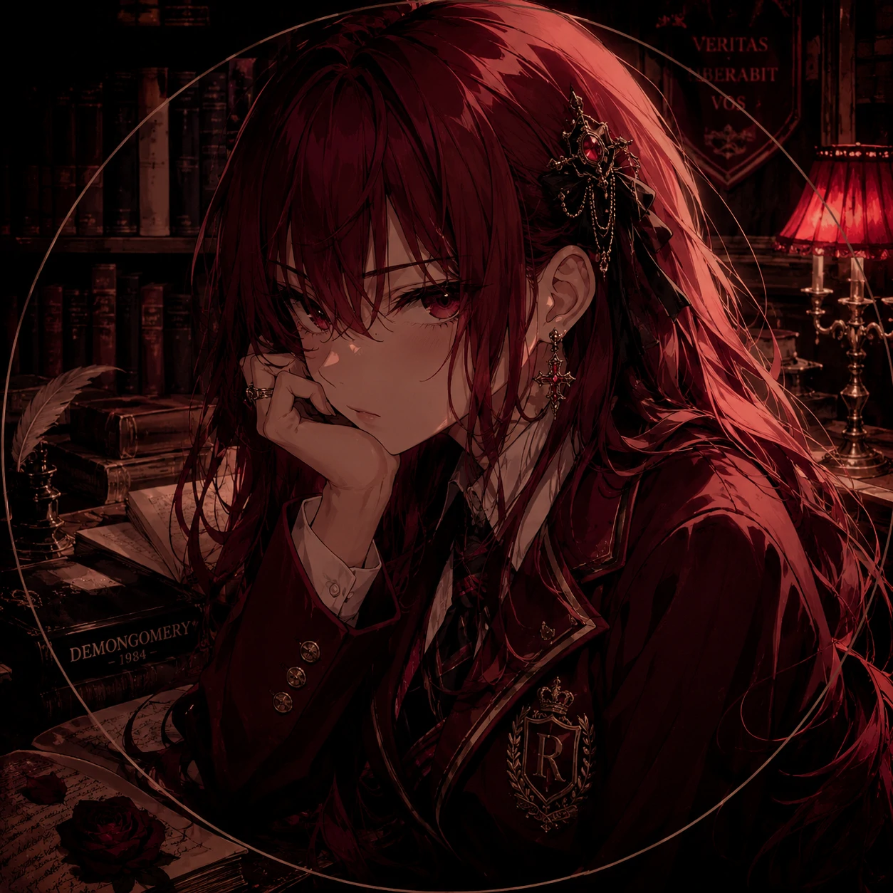 Dark academia red anime PFP girl with maroon uniform and moody library lighting