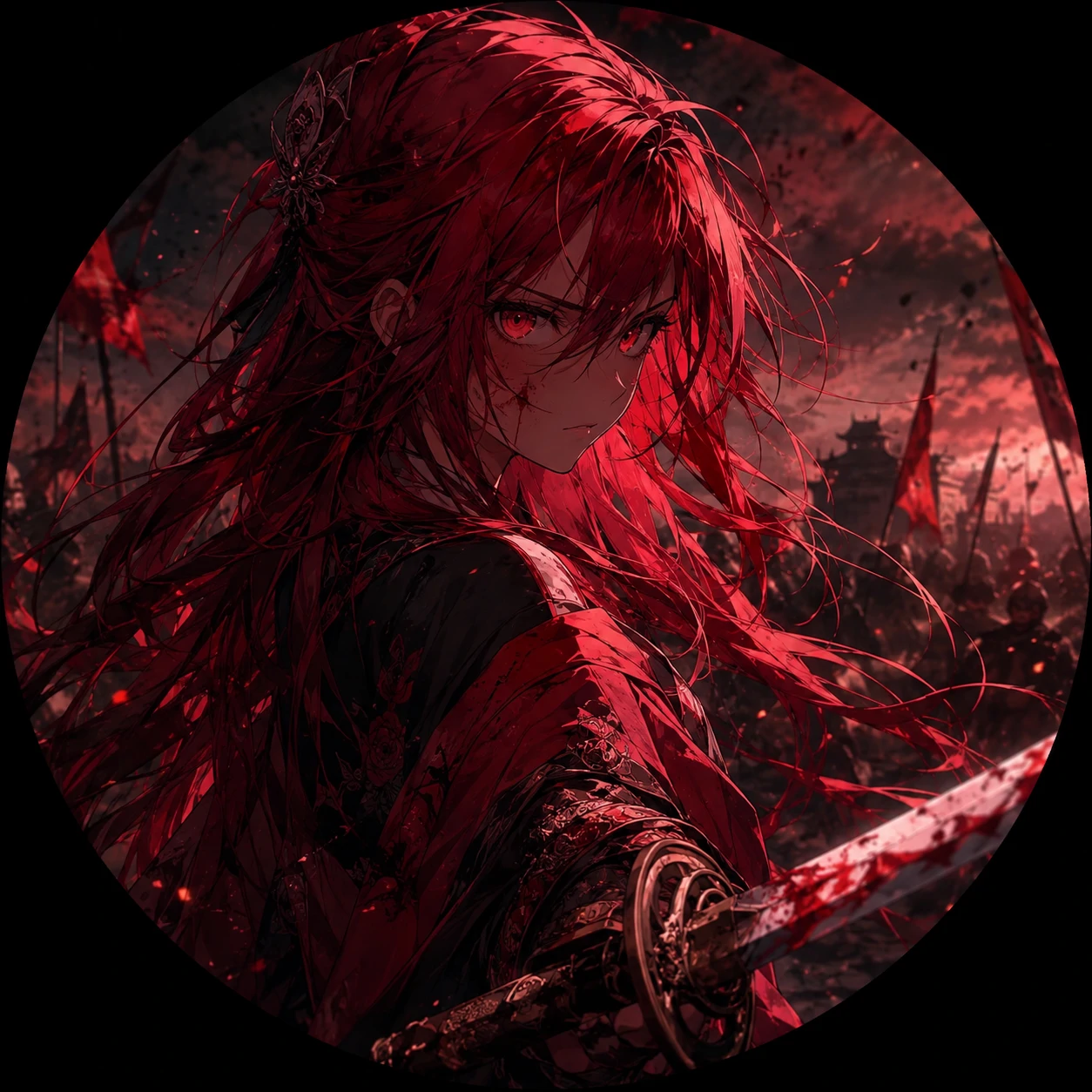 Red-haired anime female PFP with battle-scene backdrop and dramatic crimson lighting