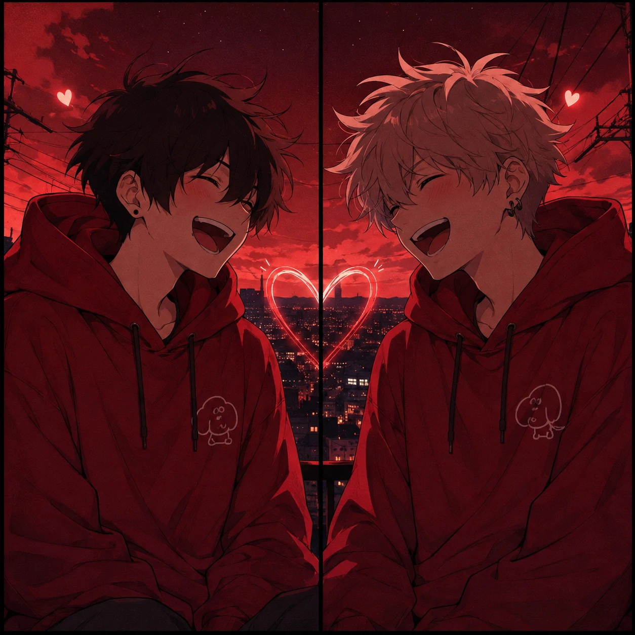 Red matching PFP for best friends featuring anime duo in crimson hoodies laughing