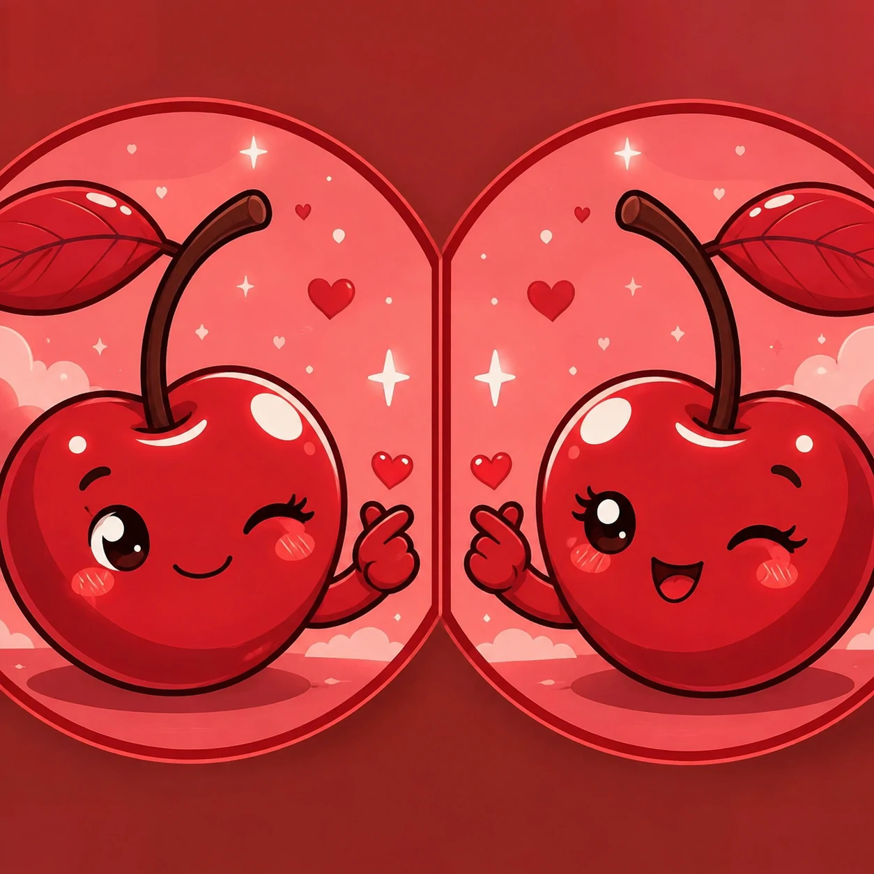 Cartoon red matching PFP featuring cherry duo with glossy pastel-crimson finish