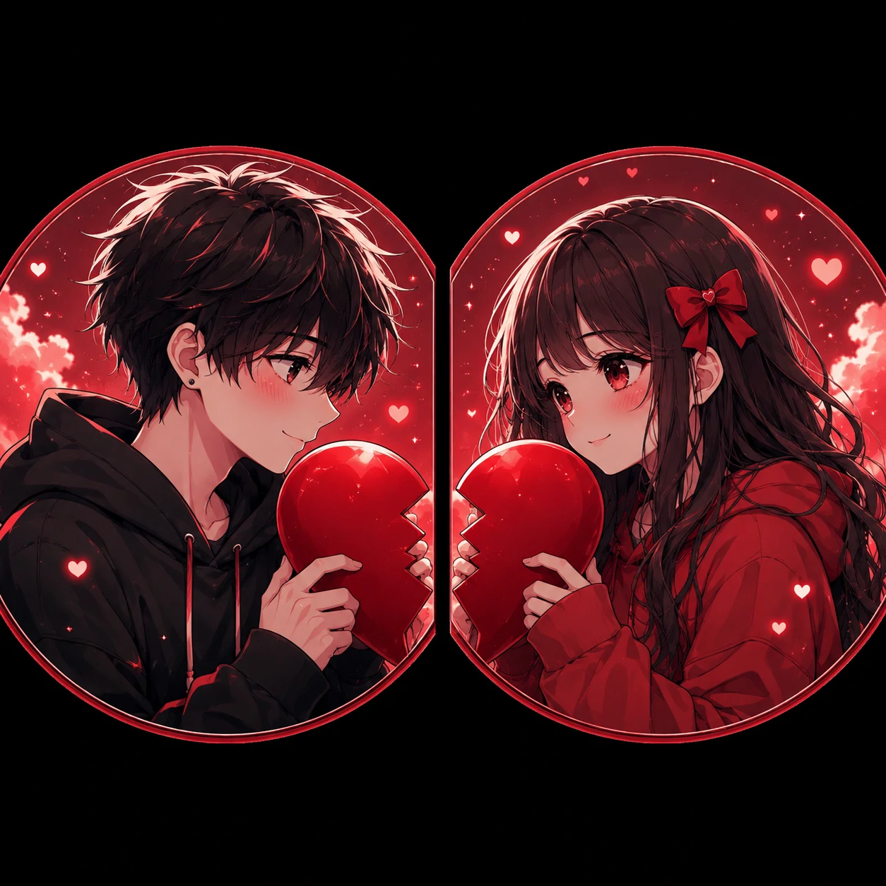 Red matching PFP for couple with anime pair holding crimson hearts side by side